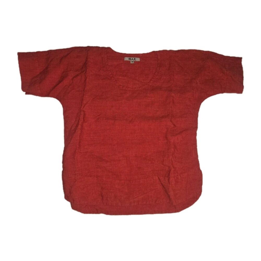 FLAX Small 100% Linen Top Orange Red Boho Western Colorful Lagenlook Peasant